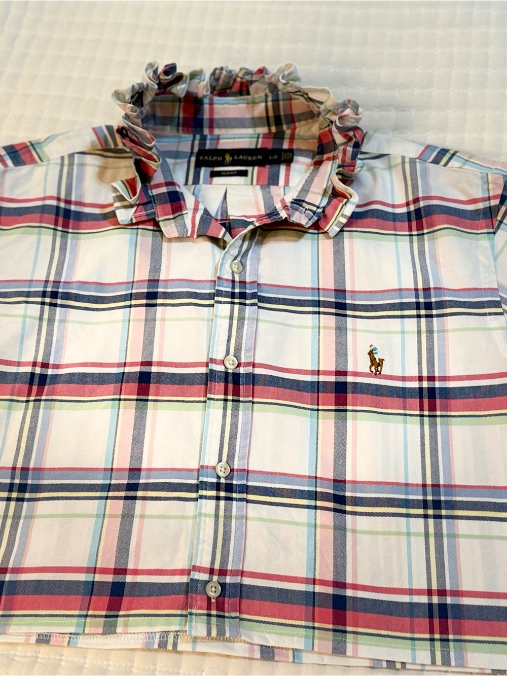 Upcycled Polo by Ralph Lauren Pastel Pink & Blue Plaid Button-Down Crop Shirt - Picture 7 of 9